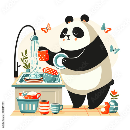 Mother panda washes dishes by hand in the kitchen sink using detergent.