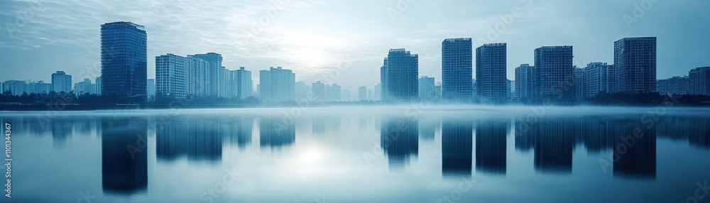 Fototapeta premium A tranquil city skyline reflected in calm waters, enveloped in a blue haze, capturing the serene beauty of urban landscapes at dawn.