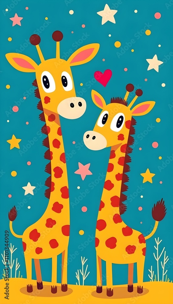 Obraz premium Adorable Baby Giraffes Love Theme Nursery Wall Art