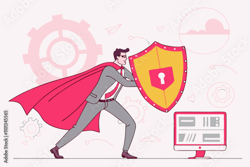 Security Safety, Protection or Shielding Insurance, Privacy Protect, Defense from Cyber Attack, Safeguard, Guarantee or Threats Control Concept, Businessman Superhero Holding Strong Protection Shield: