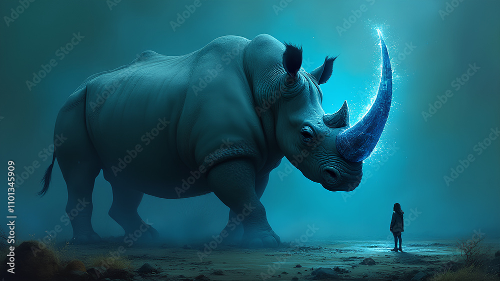 Obraz premium A surreal and captivating painting depicting a massive slumbering rhinoceros with a glowing blue crystal horn