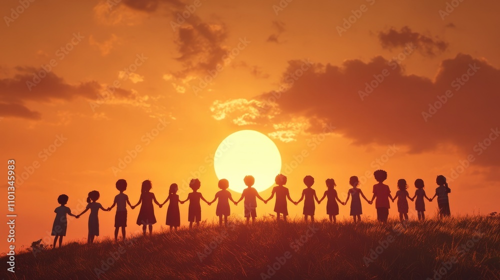Backlit by the setting sun, a diverse group of kids stands on a hill, holding hands and praying, embodying faith and resilience Backlit by the setting sun, a diverse group of kids stands on a hill, holding hands and praying, embodying faith and resilience
