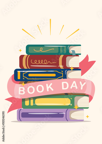 Stack of books with pink ribbon decoration of book day text design. Education and knowledge vector concept.