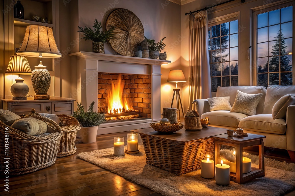 Cozy Evening Ambiance with Wicker Baskets and a Warm White Fireplace in a Charming Living Room Setting Perfect for Night Photography Cozy Evening Ambiance with Wicker Baskets and a Warm White Fireplace in a Charming Living Room Setting Perfect for Night Photography
