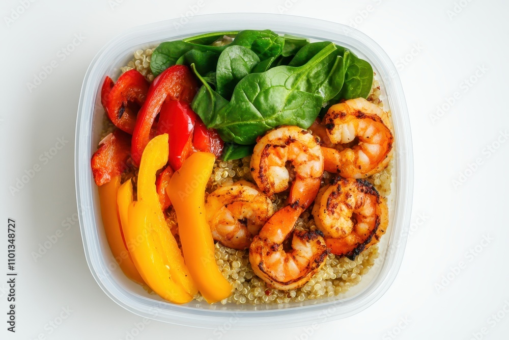 Healthy Quinoa Bowl with Grilled Shrimp and Spinach: Perfect Lunch Box Prep Idea for Nutritious Meals on the Go