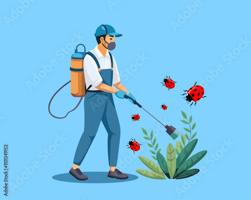 Pest Control Service Working In Vector Flat Illustration.