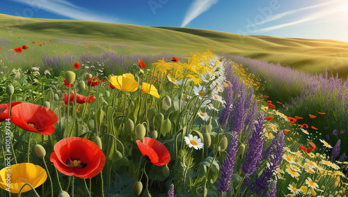 Vibrant wildflower meadow under clear blue sky, field of and sky. field of flowers