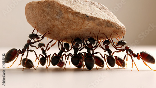 a group of ants working together to lift a large rock, demonstrating teamwork and collaboration