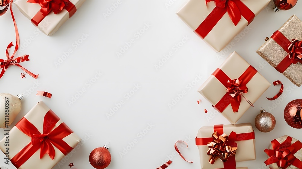 Festive Christmas Gifts Arranged With Ornaments and Ribbons Festive Christmas Gifts Arranged With Ornaments and Ribbons