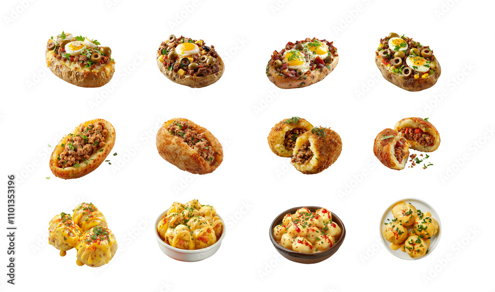 Delicious Variety of Stuffed Baked Potatoes and Appetizers Served on a White Background Delicious Variety of Stuffed Baked Potatoes and Appetizers Served on a White Background