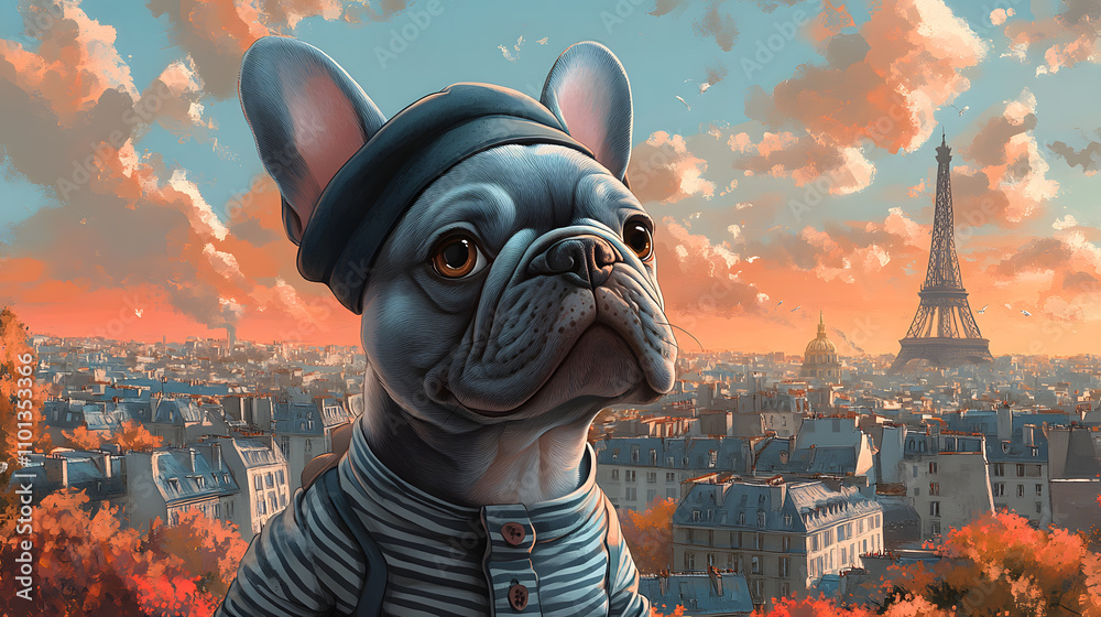 A whimsical digital illustration of a French Bulldog in a cartoon style, dressed in a striped shirt and beret, standing in front of an illustrated Parisian cityscape with soft pastel tones.