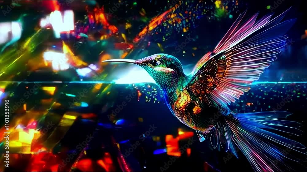 Big data visualization. Flight of a digital humming bird in neon colors. Information aesthetic design. Generative AI Big data visualization. Flight of a digital humming bird in neon colors. Information aesthetic design. Generative AI