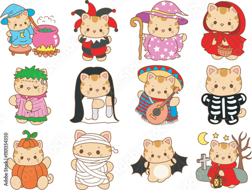 Illustration of cute kitty halloween icon.
Funny halloween cat in daily activities elements.
