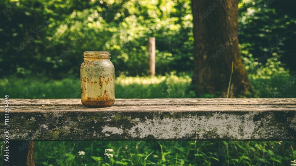 Rustic Glass Jar on Weathered Wooden Table in Lush Green Forest