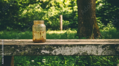 Rustic Glass Jar on Weathered Wooden Table in Lush Green Forest