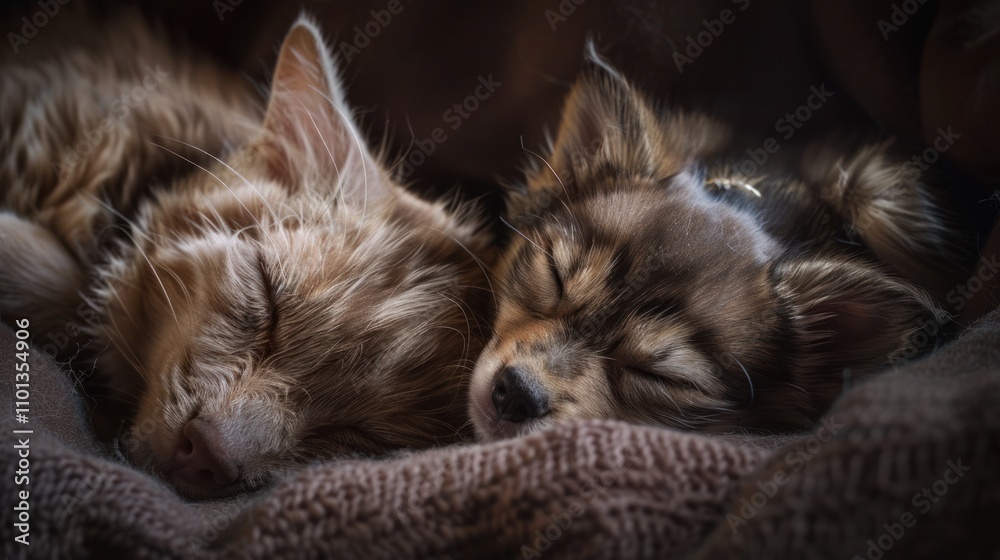 photograph of Cat and dog sleeping. Puppy and kitten sleep. photograph of Cat and dog sleeping. Puppy and kitten sleep.