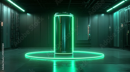 Futuristic neon green energy storage  high capacity rechargeable lithium ion battery technology photo