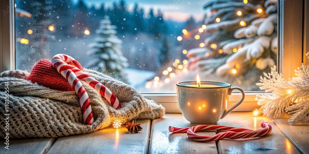Cozy Winter Christmas Scene with a Cup, Candy Cane, Woolen Scarf, and Gloves on a Windowsill Overlooking a Beautiful Outdoor Winter Wonderland for Holiday Cheer Cozy Winter Christmas Scene with a Cup, Candy Cane, Woolen Scarf, and Gloves on a Windowsill Overlooking a Beautiful Outdoor Winter Wonderland for Holiday Cheer