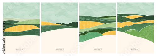 Abstract vector illustration of sustainable farm landscape, with wheat, rice, soybean field, terrace, vineyard. Geometric pattern blend nature and agriculture, scenic aerial view. Green nature collage