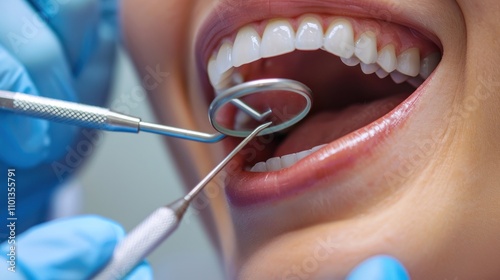 photograph of Close up of a beautiful woman's mouth with white teeth. A dentist is using a mirror and tools to check her mouth for cavities photo