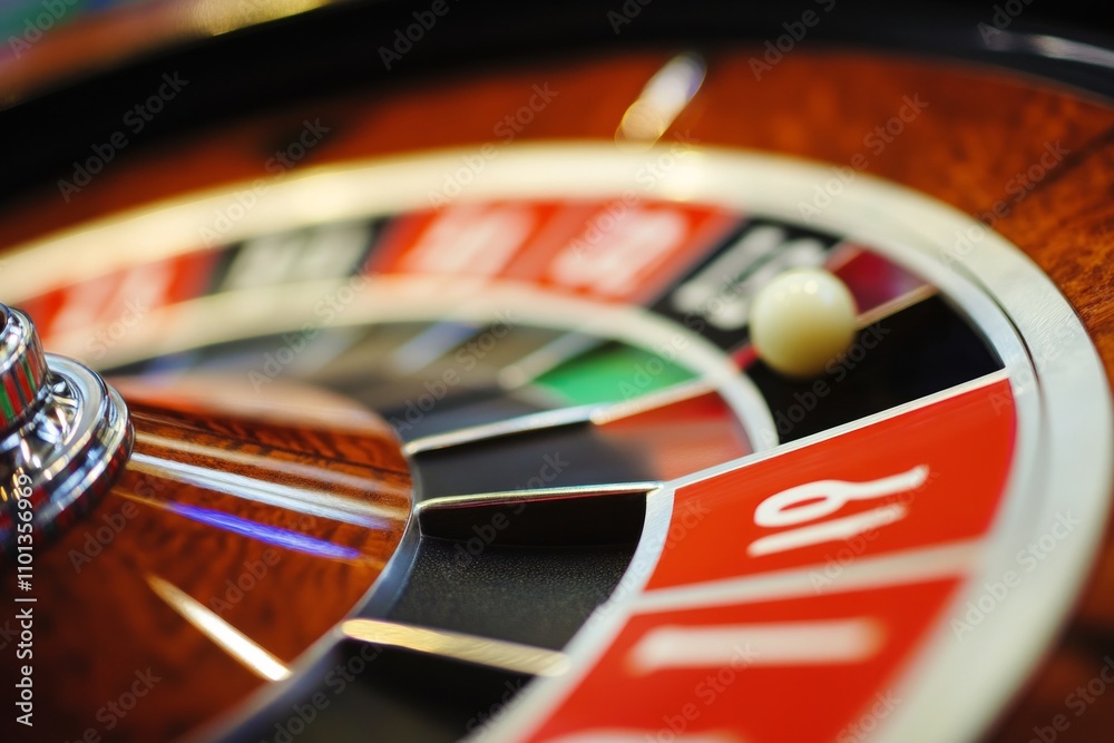 Obraz premium A close-up of a vibrant roulette wheel showcases thrilling gaming moments. The colors and textures add excitement. Perfect for casino or gaming themed projects. Generative AI