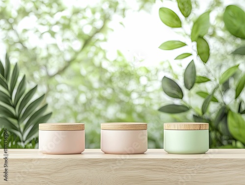 Wallpaper Mural Chic product arrangement, sleek minimalism, soft hues and organic wood, front view emphasis, complemented by gently blurred foliage backdrop. Torontodigital.ca