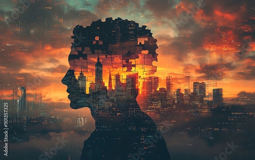 Man with a puzzlepiece head, surreal composition with a glowing city skyline at sunset, AI generative art, futuristic theme photo