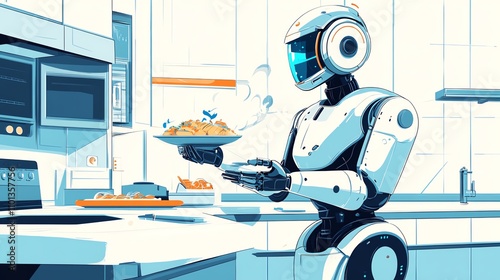 a 2D cartoon illustration of a robot chef preparing food in a kitchen, futuristic and fun, white background--ar 16:9 photo