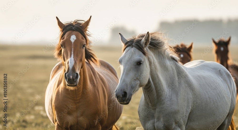Herd of brown and white horses galloping in open field at sunset Herd of brown and white horses galloping in open field at sunset