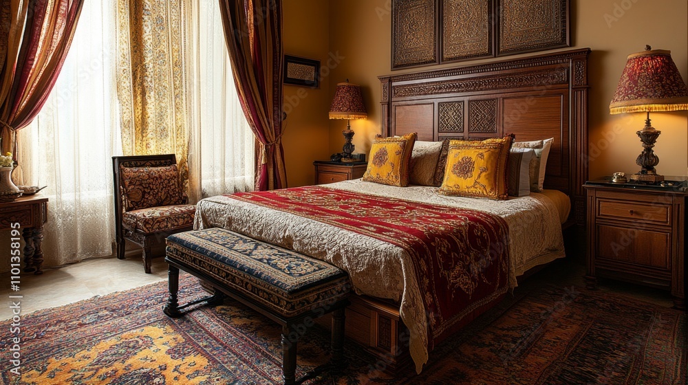 Fototapeta premium Luxurious Bedroom Interior Design with Rich Colors and Patterns