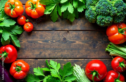 Fresh organic vegetables on a wooden background. Top view with copy space
