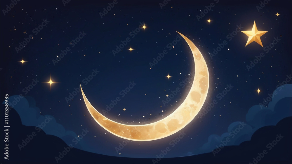 Fototapeta premium A glittering crescent moon and stars against a dark blue night sky, creating a magical and celestial atmosphere.