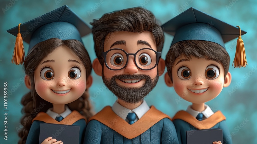 Obraz premium Family Graduation: A heartwarming illustration of a family celebrating their graduation, with a proud father and two children in graduation caps and gowns. The image conveys joy, accomplishment.