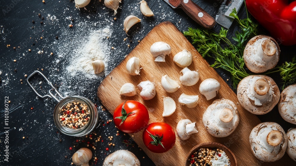 Fresh ingredients for cooking on a rustic dark surface Fresh ingredients for cooking on a rustic dark surface