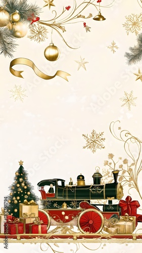 Christmas steam train with festive golden decorations, gifts, pine branches, and sparkling snowflakes on an elegant winter background, vertical format photo