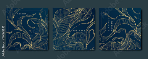 Vector set of gold floral design patterns, line wavy leaves luxury cards, beauty vintage ornament, backgrounds. Elegant royal templates.