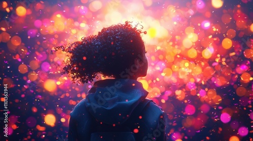Girl Dreaming of a Bright Future: A young girl with curly hair stands silhouetted against a vibrant, colorful bokeh background, her gaze directed upwards, suggesting dreams, hopes, and aspirations.  