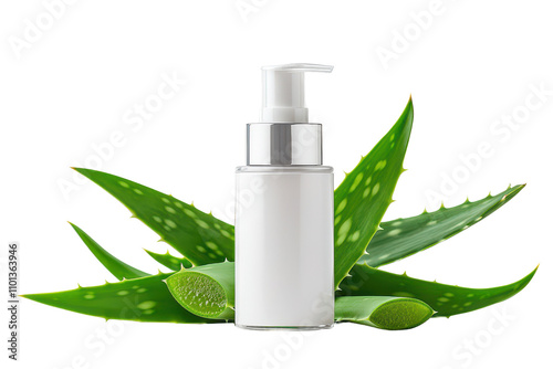 A sleek, white pump bottle sits amidst vibrant green aloe vera leaves, suggesting a natural skincare product.