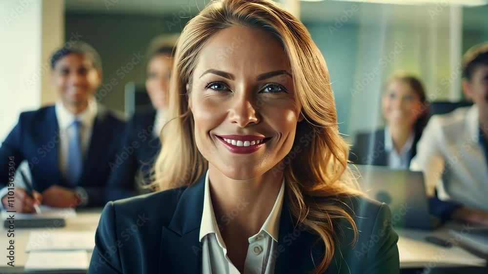 Confident Beauty Businesswoman Leader Smiling in Boardroom Meeting at Sunset Sunrise with Team in Background with Light Flare – Corporate Success and Leadership Concept Confident Beauty Businesswoman Leader Smiling in Boardroom Meeting at Sunset Sunrise with Team in Background with Light Flare – Corporate Success and Leadership Concept