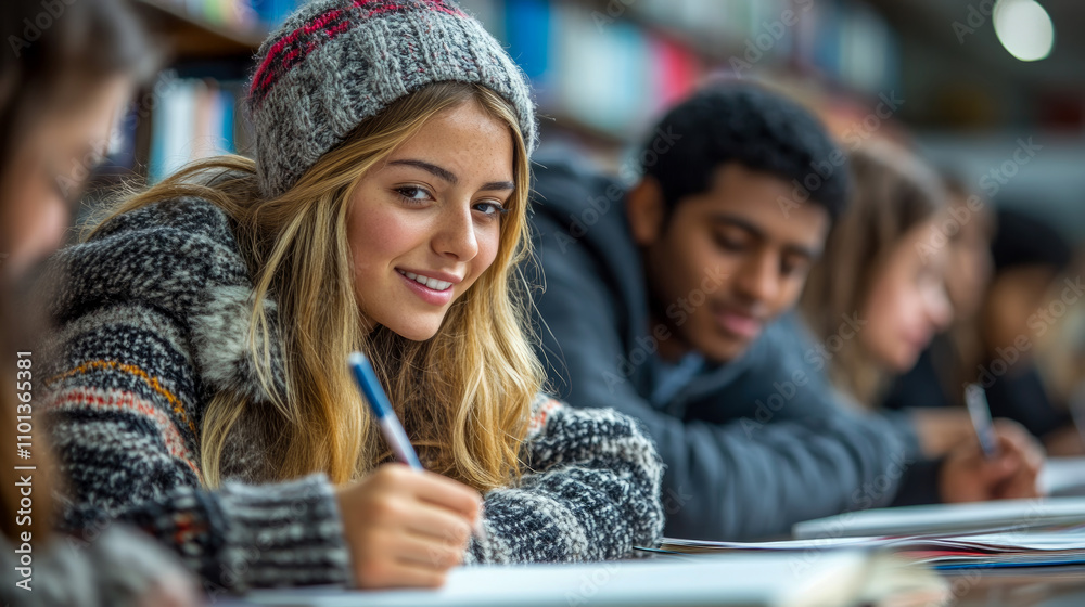 Fototapeta premium Students are concentrating on their studies at a library, warmly dressed for winter, with books and stationery spread out in front of them