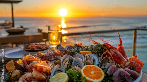 photograph of gourmet seafood platter succulent shellfish and fish artfully arranged oceanfront terrace vibrant sunset backdrop photo