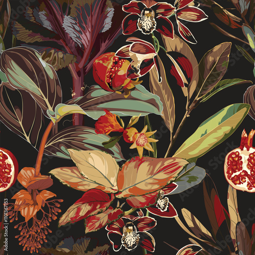 Tropical vintage wild pattern, palm tree, orchid flowers and pomegranate fruit floral seamless border beige background. Exotic abstract jungle wallpaper. 