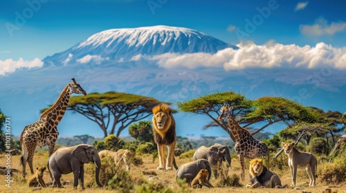 photograph of Group of many African animals giraffe, lion, elephant, monkey and others stand together in with Kilimanjaro mountain on background photo