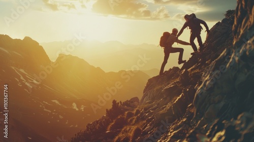 photograph of Help and assistance concept. Silhouettes of two people climbing on mountain and helping.