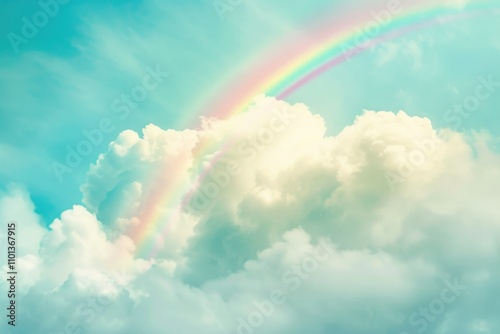 Pastel rainbow arcing over fluffy white clouds in a serene, dreamy sky. photo