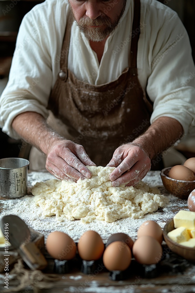 Fototapeta premium Baker skillfully rolls out dough on a floured surface with ingredients displayed for a rustic home baking experience
