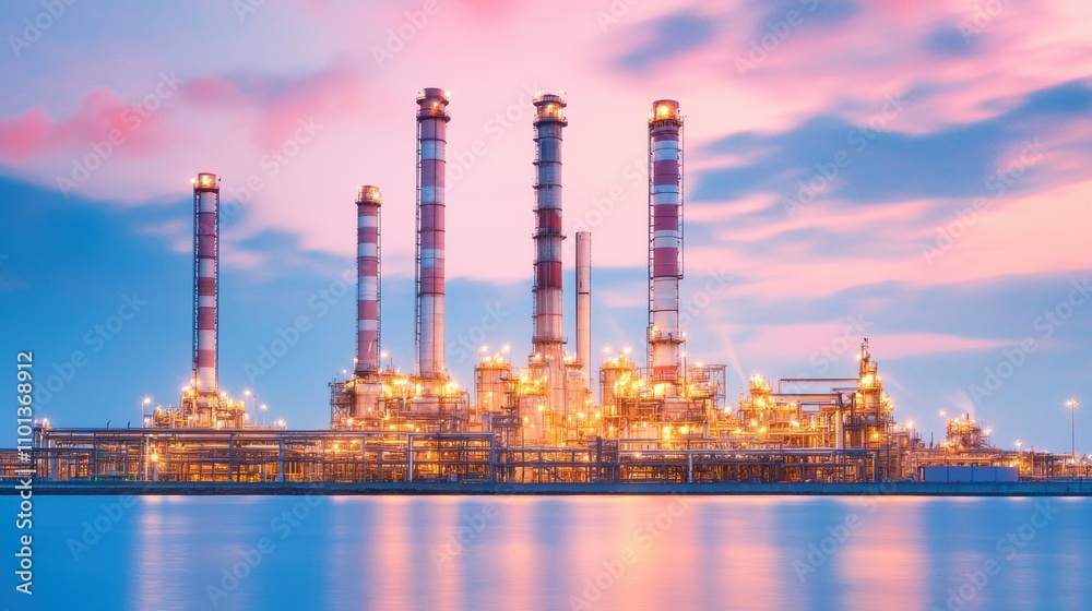Obraz premium Oil refinery at night, illuminated structures, industrial landscape