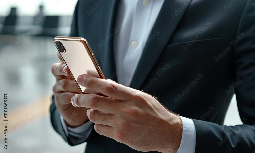 A man in a suit checks his smartphone, reflecting a modern business environment. A man in a suit checks his smartphone, reflecting a modern business environment.