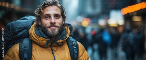 bearded man standing confidently on a bustling city street backpack slung over one shoulder surrounded by the vibrant energy of urban life showcasing adventure and exploration