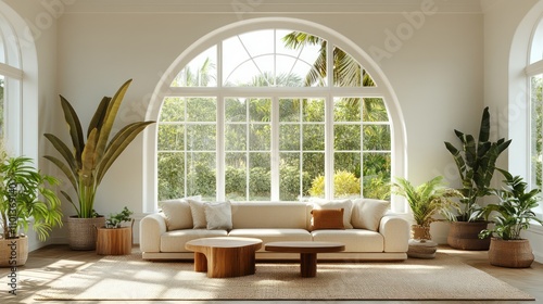 Sunlit living room with arched window, beige sofa, and tropical plants.